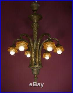 Heavy Antique Bronze Art Deco 6 Light Chandelier Foyer Hall Lustre Old Lamp