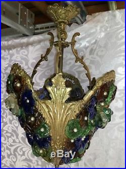 Important Rare French 1900 Art Deco Nouveau Ceiling Lamp Chandelier Glass bronze
