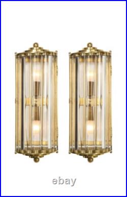 Italian Art Deco Brass Glass Rod Sconce Lamps 1930s Style Wall Light Pair Vtg