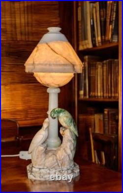 Italian Art Deco Carved Alabaster Marble Cockatoo & Rare Green Parrot Bird Lamp