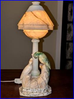 Italian Art Deco Carved Alabaster Marble Cockatoo & Rare Green Parrot Bird Lamp