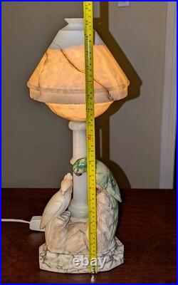 Italian Art Deco Carved Alabaster Marble Cockatoo & Rare Green Parrot Bird Lamp