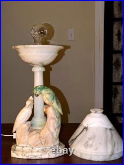 Italian Art Deco Carved Alabaster Marble Cockatoo & Rare Green Parrot Bird Lamp