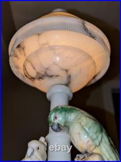 Italian Art Deco Carved Alabaster Marble Cockatoo & Rare Green Parrot Bird Lamp