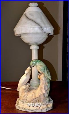 Italian Art Deco Carved Alabaster Marble Cockatoo & Rare Green Parrot Bird Lamp