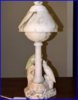 Italian Art Deco Carved Alabaster Marble Cockatoo & Rare Green Parrot Bird Lamp