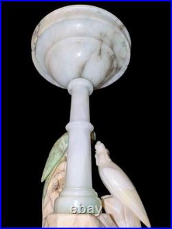 Italian Art Deco Carved Alabaster Marble Cockatoo & Rare Green Parrot Bird Lamp