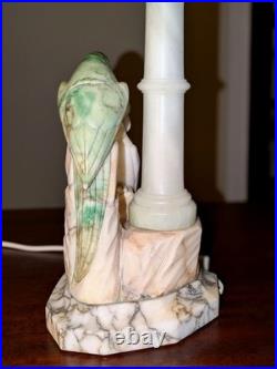 Italian Art Deco Carved Alabaster Marble Cockatoo & Rare Green Parrot Bird Lamp