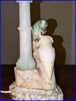 Italian Art Deco Carved Alabaster Marble Cockatoo & Rare Green Parrot Bird Lamp