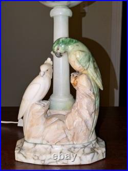 Italian Art Deco Carved Alabaster Marble Cockatoo & Rare Green Parrot Bird Lamp