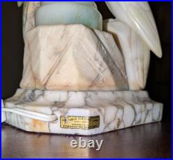 Italian Art Deco Carved Alabaster Marble Cockatoo & Rare Green Parrot Bird Lamp