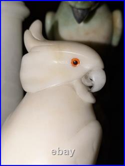 Italian Art Deco Carved Alabaster Marble Cockatoo & Rare Green Parrot Bird Lamp