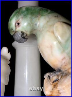 Italian Art Deco Carved Alabaster Marble Cockatoo & Rare Green Parrot Bird Lamp