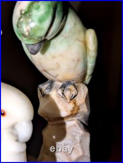 Italian Art Deco Carved Alabaster Marble Cockatoo & Rare Green Parrot Bird Lamp