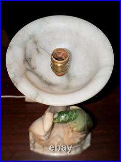 Italian Art Deco Carved Alabaster Marble Cockatoo & Rare Green Parrot Bird Lamp