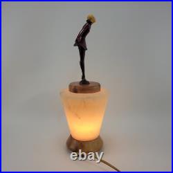 Joseph Lorenzl The Kiss Art Deco Painted Bronze Figure on Alabaster Lamp
