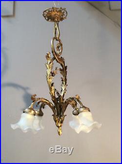 Jugendstil LAMPE Bronze 4xSatiinglas-Tulpen ANTIK1900/10 ART DECO -TOP