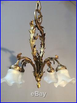 Jugendstil LAMPE Bronze 4xSatiinglas-Tulpen ANTIK1900/10 ART DECO -TOP