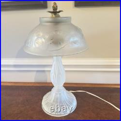 Lalique Style Art Deco Frosted Glass Lamp Floral Relief Shade Brass Fini
