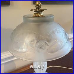 Lalique Style Art Deco Frosted Glass Lamp Floral Relief Shade Brass Fini
