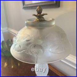 Lalique Style Art Deco Frosted Glass Lamp Floral Relief Shade Brass Fini