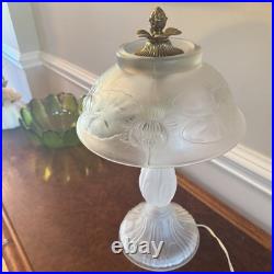 Lalique Style Art Deco Frosted Glass Lamp Floral Relief Shade Brass Fini