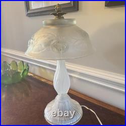 Lalique Style Art Deco Frosted Glass Lamp Floral Relief Shade Brass Fini