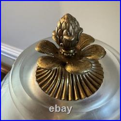 Lalique Style Art Deco Frosted Glass Lamp Floral Relief Shade Brass Fini