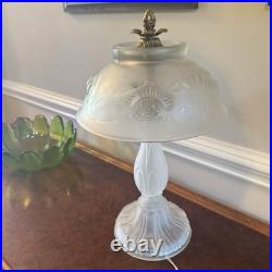 Lalique Style Art Deco Frosted Glass Lamp Floral Relief Shade Brass Fini