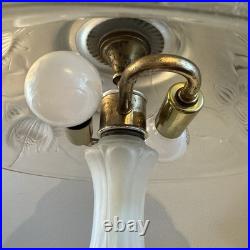 Lalique Style Art Deco Frosted Glass Lamp Floral Relief Shade Brass Fini