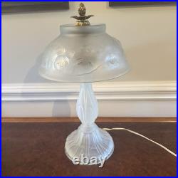 Lalique Style Art Deco Frosted Glass Lamp Floral Relief Shade Brass Fini