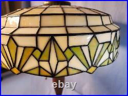 Lamb Brothers Art Deco C1920 Antique Table Lamp Leaded Glass Shade Mahogany Base