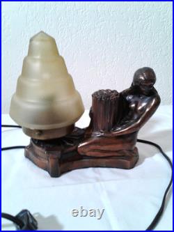 Lamp, Art Deco Radio Circa 1930's Naked Lady with Basket, Amber Glass Shade