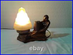 Lamp, Art Deco Radio Circa 1930's Naked Lady with Basket, Amber Glass Shade
