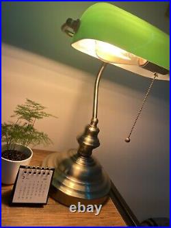 Lampe De Bureau Banquier Ancien Bronze Notaire Art Deco Opaline Verte Vintage XX