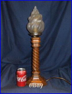 Large Art Deco Oak, Barley Twist Lamp with Flame Shade Rewired