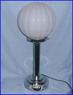 Large Bespoke Art Deco Style Chrome Lamp With Pale Pink Ribbed Shade