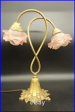 Large Lamp Art Deco Style Bronze & Tulips Pink Color French Antique