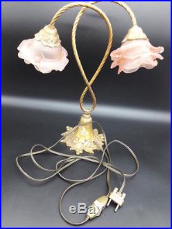 Large Lamp Art Deco Style Bronze & Tulips Pink Color French Antique