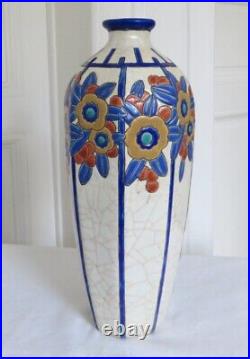 Large Longwy Art Deco Enamel Lamp Foot Antique Ceramic Vase