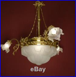 Large Old Art Deco Lamp Chandelier 4 Light Shiny Brass Antique Lustre Glass