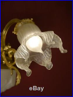 Large Old Art Deco Lamp Chandelier 4 Light Shiny Brass Antique Lustre Glass