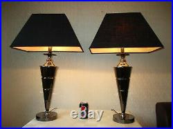 Large Pair Of Vintage Art Deco Style Chrome Table Lamps With Deco Shades
