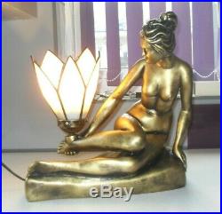 Large Size Art Deco Tiffany Design Nude Lady Bronzed Gold Effect Lamp Sculpture