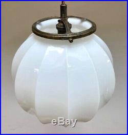 Large original Art Deco pleated white opaline glass globe light shade lamp