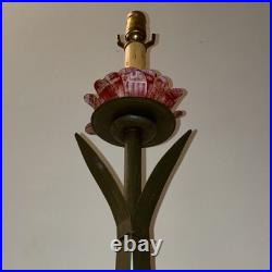 Leviton Table Lamp Painted Metal Floral Green Red Gold Art Deco Flowers 31 H
