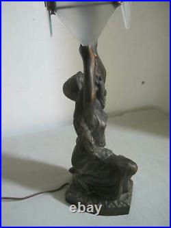 Lrg Vintage Metal Copper Art Deco Lamp Outstretched Arms Woman, Flower Garland