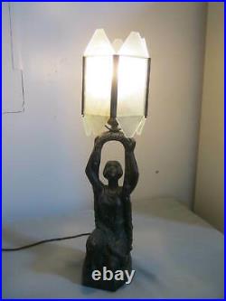 Lrg Vintage Metal Copper Art Deco Lamp Outstretched Arms Woman, Flower Garland