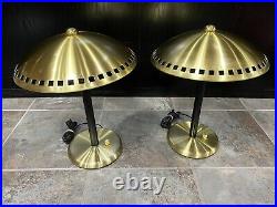 MCM Style Lamp Set, Brass Gold, Art Deco Hurricane Mushroom Dome Top Table Pair