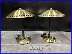 MCM Style Lamp Set, Brass Gold, Art Deco Hurricane Mushroom Dome Top Table Pair